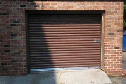 a garage door with a metal frame