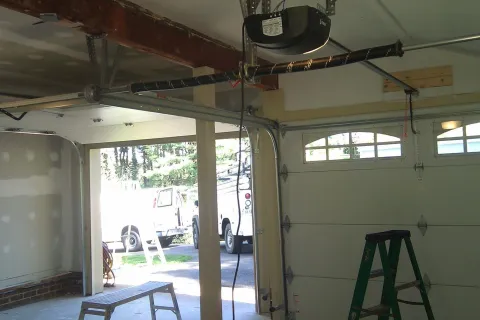 a room with a door and windows
