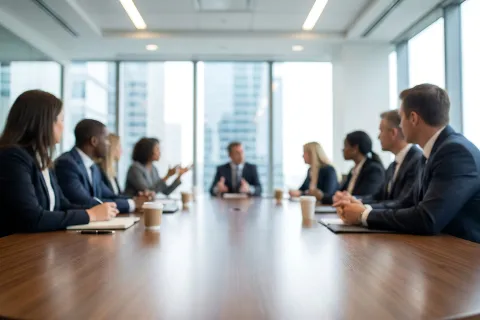 Business team in formal attire having a meeting around a large conference table in a modern office.