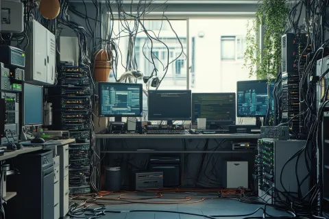 Server room with multiple monitors, servers, and tangled network cables in front of a large window during daytime.