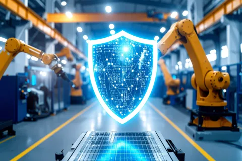 Digital shield icon representing cybersecurity in an industrial robotic manufacturing facility.