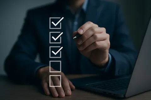 Businessman marking checkboxes on transparent screen near laptop, focusing on task completion concept.