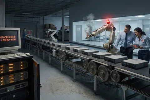 Factory conveyor with boxes, robotic arm showing red warning light, and workers inspecting network error issue.