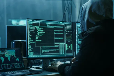 Person in hoodie working on multiple computer screens displaying code and world map with cyber connections.