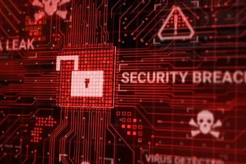 Red digital security breach concept with open padlock, data leak warning, and virus detection symbols.