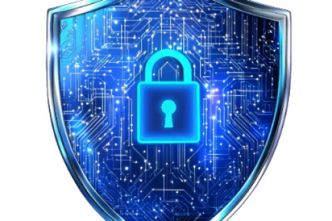 Blue digital shield with a glowing padlock symbol and circuit board pattern representing cyber security protection.