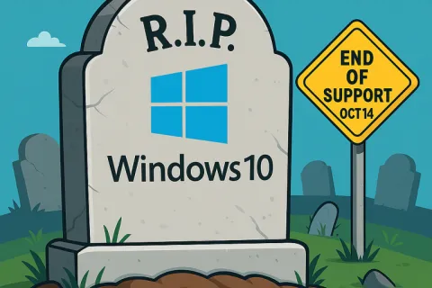 Gravestone with Windows 10 logo and R.I.P, next to sign reading End of Support Oct 14 in a graveyard
