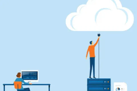 Person plugging server into cloud with another working on computer, illustrating cloud computing concept.