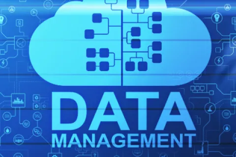 Blue cloud icon with data nodes and text 'DATA MANAGEMENT' on a digital network background