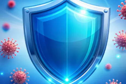 Blue shield symbolizing protection surrounded by red virus particles on a glowing blue background.