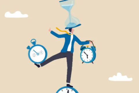 Person balancing on a large clock while holding an alarm clock and stopwatch with an hourglass on their head
