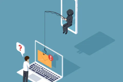 Hacker phishing for sensitive data via fake email on laptop, suspicious person fishing from smartphone screen.