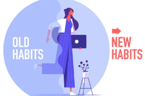Woman transitioning from old habits to new habits holding a laptop with directional text and arrow