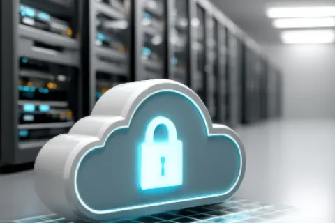 3D cloud icon with a glowing padlock representing secure cloud storage in a server room environment.