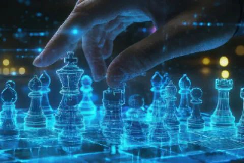 Hand moving a glowing digital chess piece on a futuristic blue holographic chessboard.