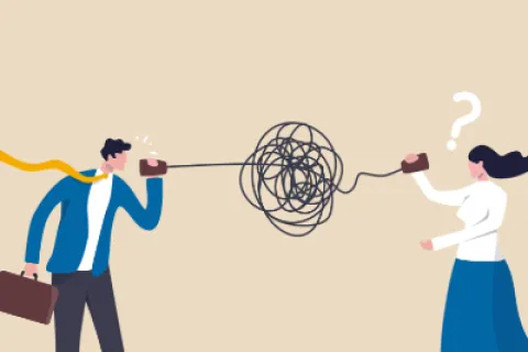 Man and woman communicating with tangled string phones symbolizing confused conversation and miscommunication.