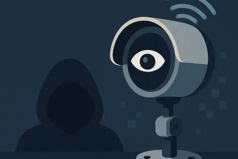 Dark hooded figure behind security camera with an eye symbol and WiFi signal in a low-light setting.