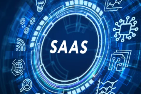 Blue digital SaaS concept with circular interface and icons for cloud computing and data analytics