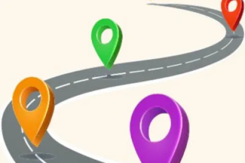 Curved road with colorful location pins marking different points along the gray dashed path