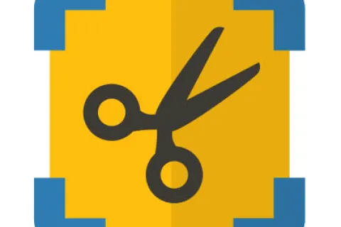 Flat design icon of scissors centered on a yellow square with blue corner brackets.