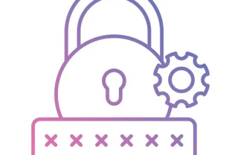 Gradient line icon of a lock with gear and password symbols representing security settings and password protection.