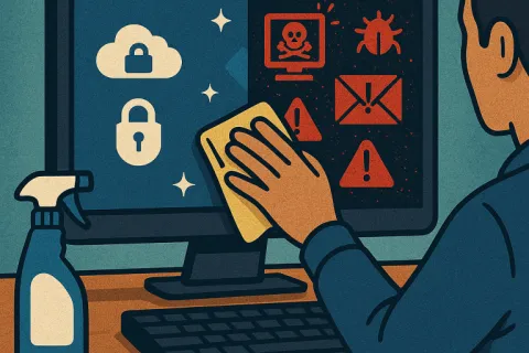 Person cleaning computer screen, removing virus and malware icons, revealing secure cloud and lock symbols.
