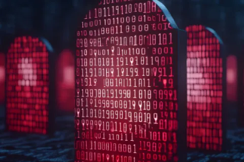 Red digital tombstones with binary code symbolize cybersecurity threats and data breaches in a dark setting.