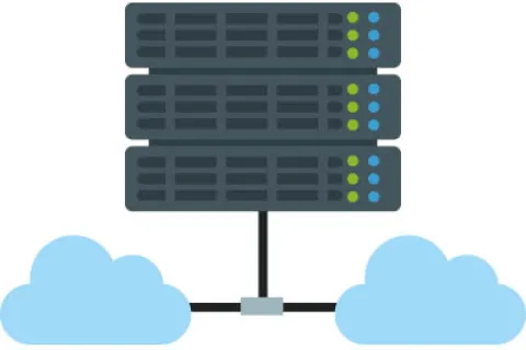 Three stacked servers connected to two cloud icons representing cloud computing and data storage.