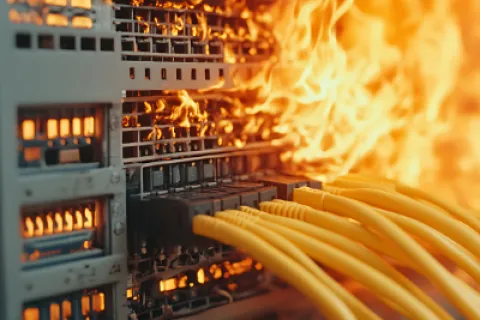 Network switch with yellow cables engulfed in bright flames, indicating a dangerous fire in a data center.