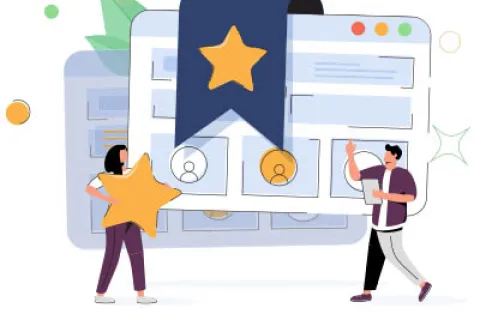 Two people interacting with a digital interface featuring a large star bookmark and user icons.