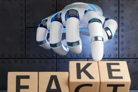 Robotic hand flipping wooden blocks to change the word from FACT to FAKE on a metal background.