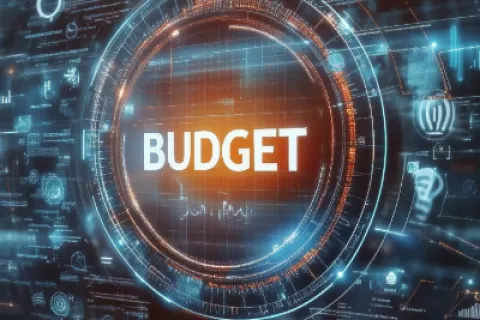 Futuristic digital interface with the word BUDGET at the center surrounded by glowing circular data elements.