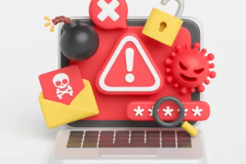 3D laptop with cyber threat icons including warning sign, bomb, virus, unlocked padlock, and phishing email envelope.