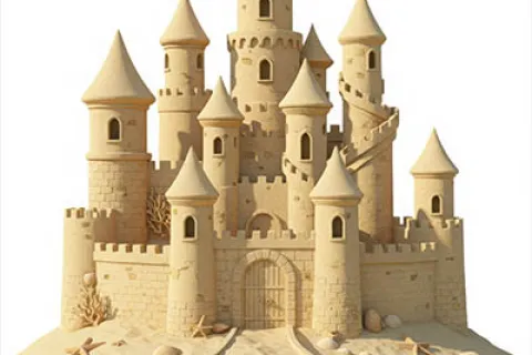 Intricately detailed large sandcastle with multiple towers, turrets, and starfish on sandy base against white background