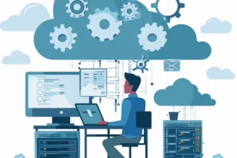 Person working on laptop and desktop computers connected to cloud with gears symbolizing cloud computing and data management.