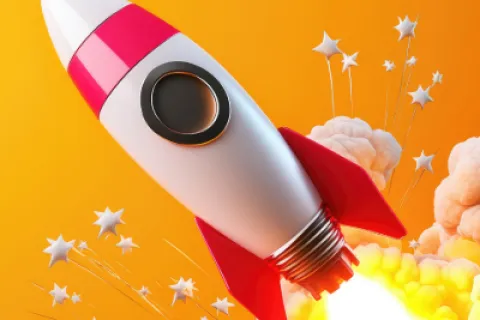 White and red cartoon rocket blasting off with stars and smoke bursts on bright orange background