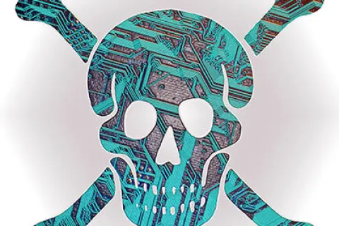 Skull and crossbones icon composed of blue and black computer circuit board patterns.