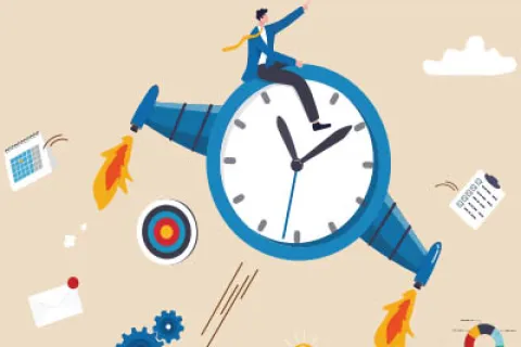 Businessman riding a clock rocket symbolizing time management and productivity with target and calendar icons.
