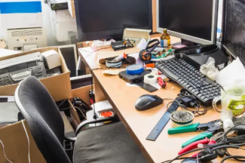 Cluttered workspace with multiple monitors, keyboard, mouse, tools, and various office items on a wooden desk.