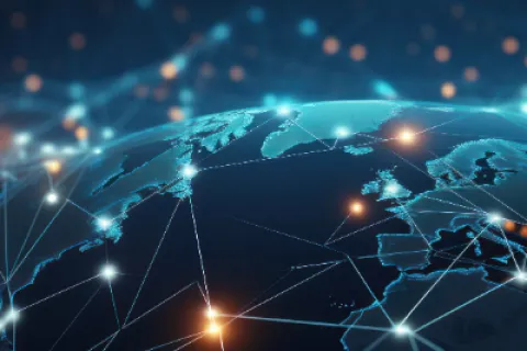 Digital globe with glowing network connections symbolizing global data exchange and communication