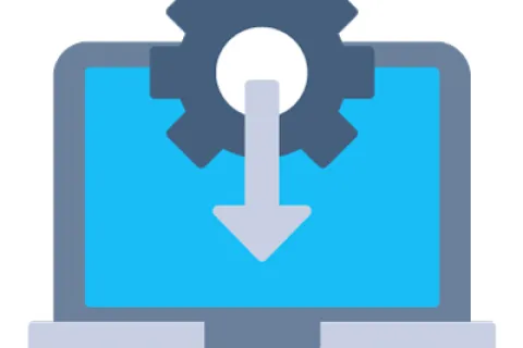 Laptop with gear and downward arrow symbolizing software download or installation process