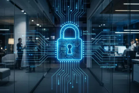Blue digital lock hologram with circuit lines representing data protection and cybersecurity in office setting.