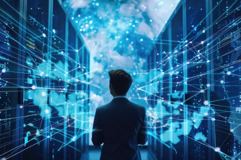 Businessman analyzing digital data streams and global network connections in a futuristic data center.