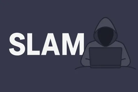 Dark background with large white text SLAM and a hooded figure using a laptop representing hacking or cybersecurity.