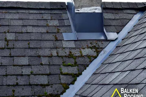 Gray shingle roof with moss growth and metal chimney flashing on an overcast day