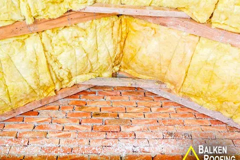 Yellow fiberglass insulation installed between wooden beams above a brick wall in an attic space