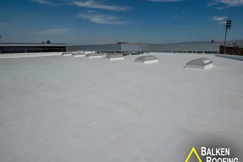 Flat white commercial roof with multiple skylights under blue sky and distant buildings.