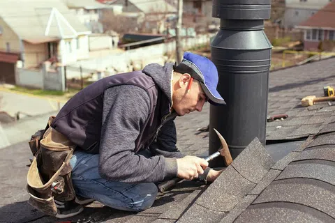 Roofer in blue cap installing shingles on rooftop using hammer near chimney pipe on a sunny day