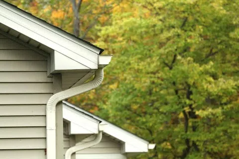 Two beige house roofs with white gutters and downspouts against a background of green autumn trees.