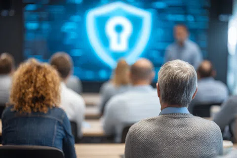 People attending a cybersecurity seminar with a large digital shield and lock icon displayed on screen